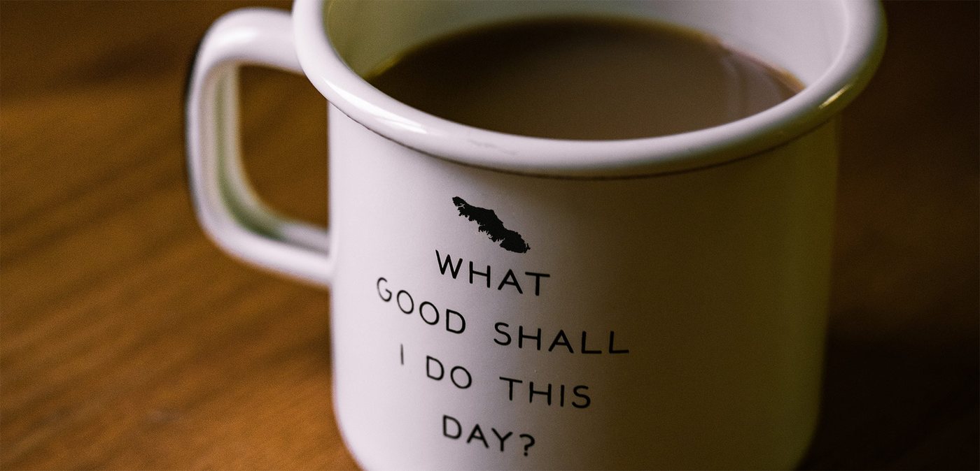 Mug printed with a map of Vancouver Island and the words What good shall I do this day?